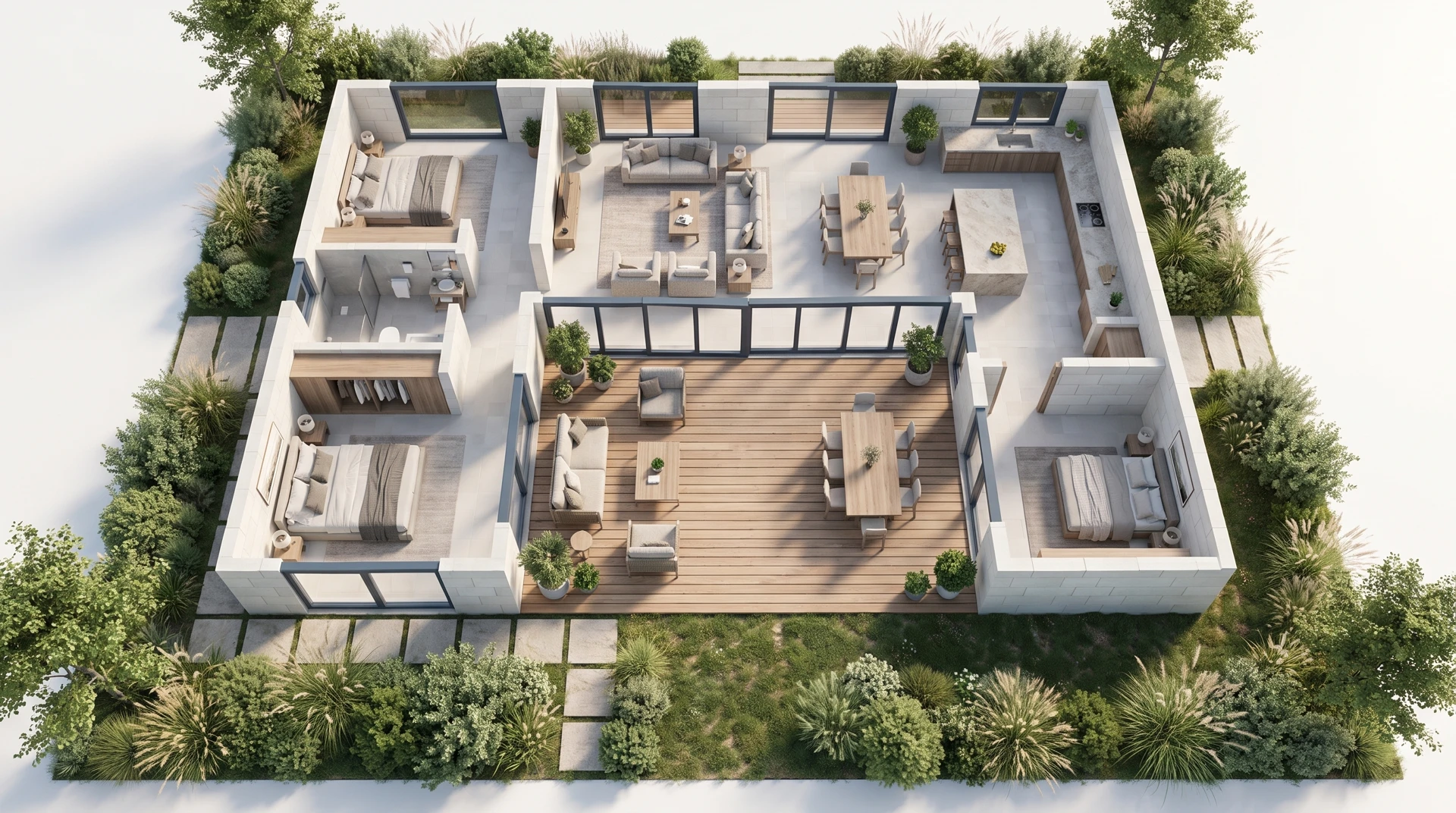 Pavillon autour d’un patio ouvert sur sa terrasse, interprétation visuelle d'un projet fictif